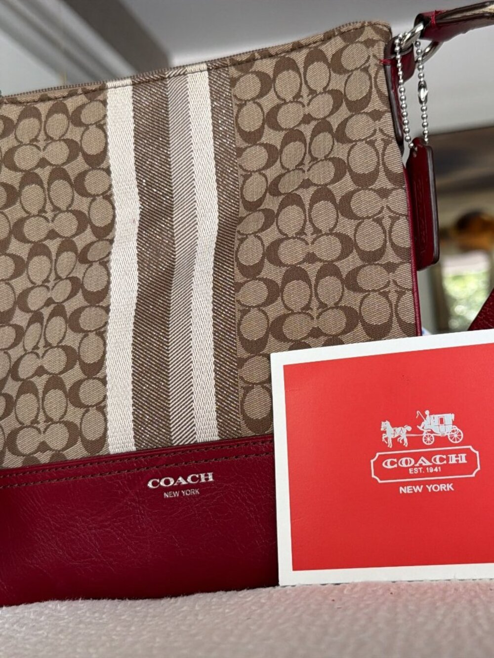 Coach Signature Stripe Crossbody Bag – Khaki & Red